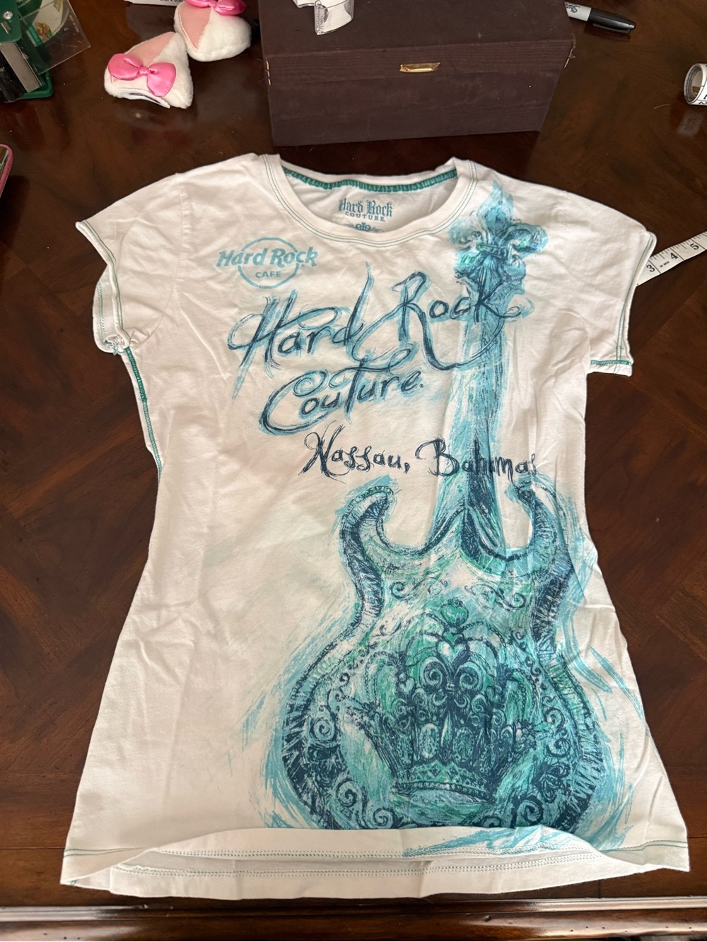 Hard Rock Cafe White Tee with Teal Guitar Graphic Nassau Bahamas